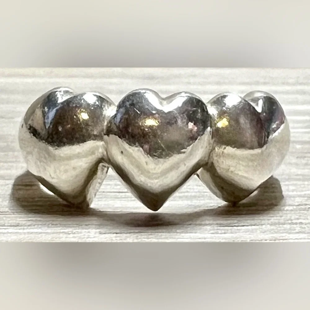 Vintage Handmade Sterling Silver Triple Heart Band Ring, Size 5.75, 3.2g